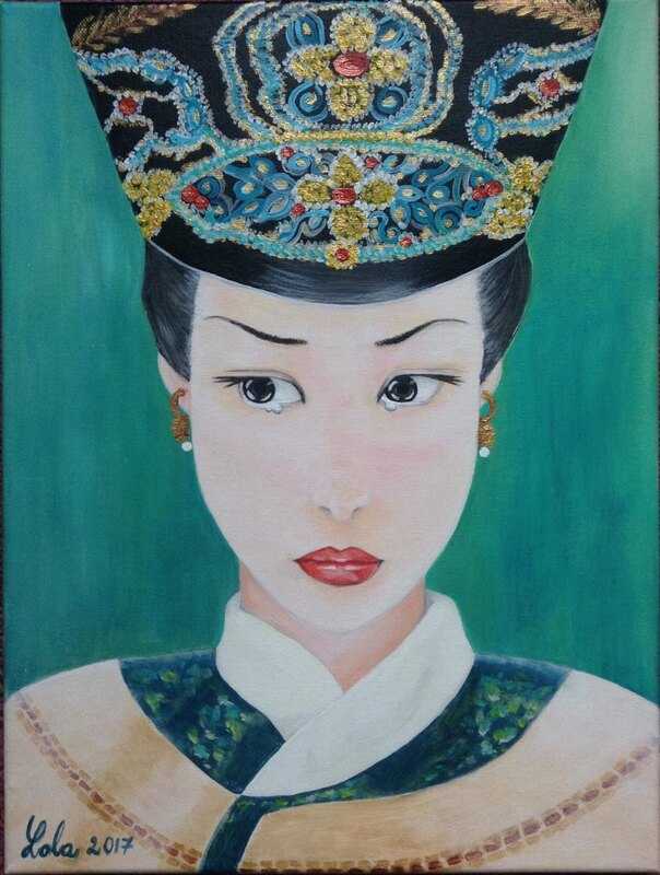 a princess wearing an ornate headdress looks off to the side with tears in her eyes