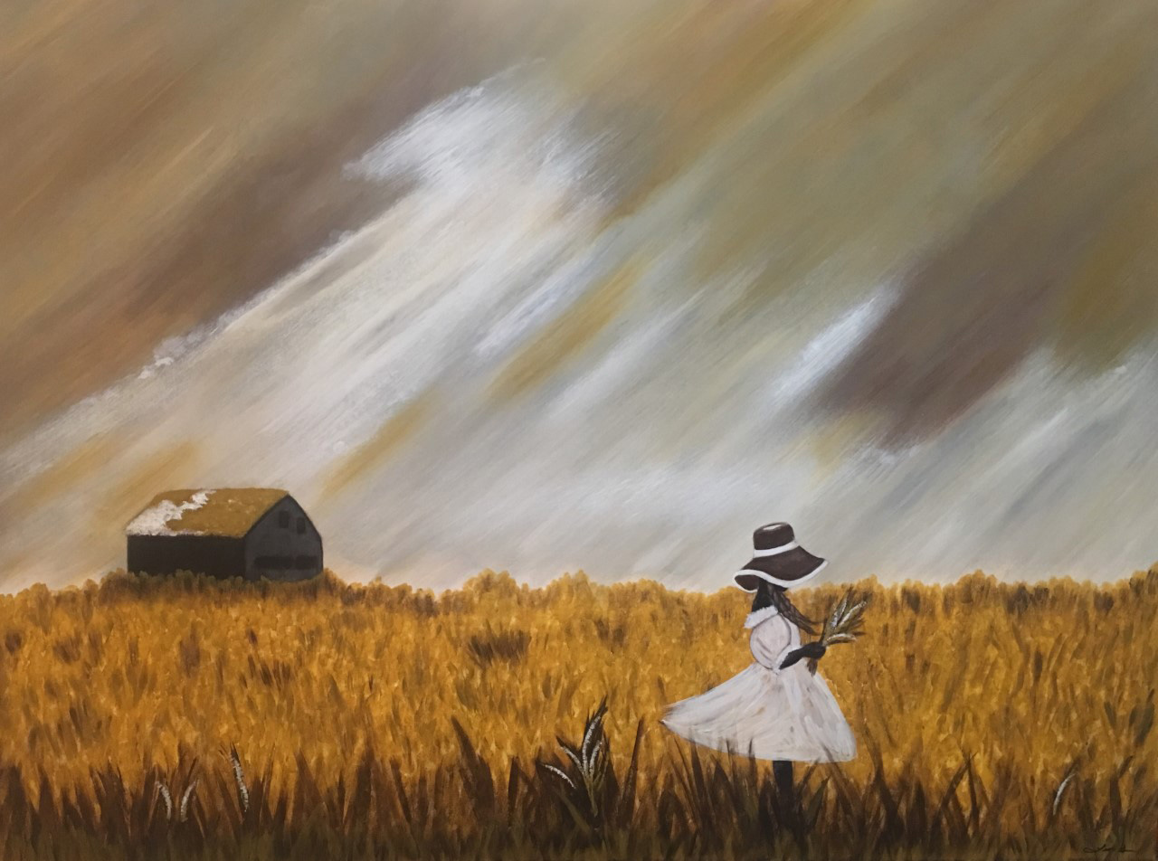 a girl walks in a field where only a lone home exists
