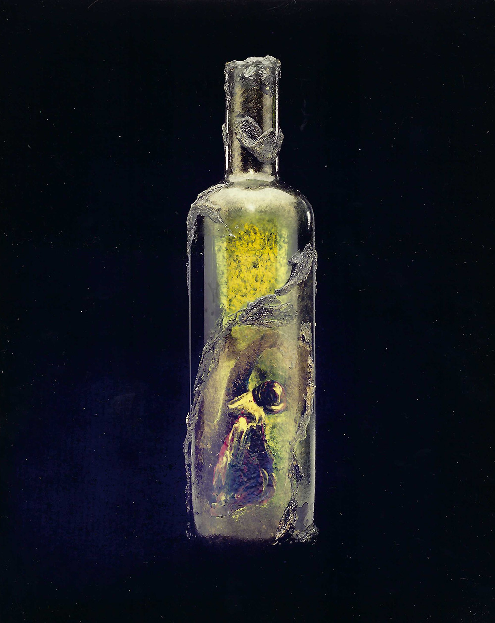 content in a bottle placed and manipulated to form a scene representing a child in the woods