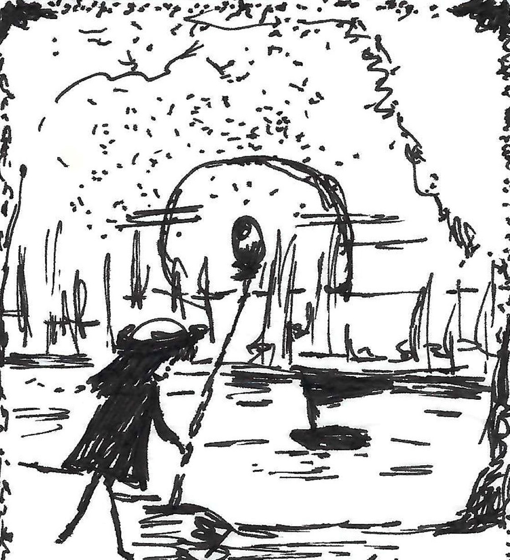 black and white illustration of a girl in a sailboat in the park
