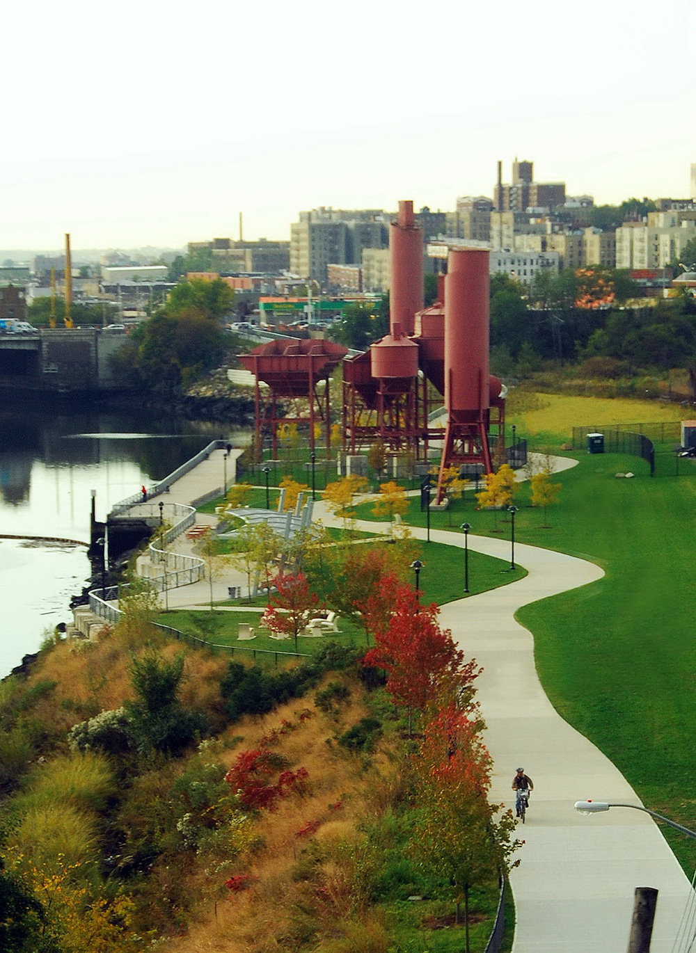 aerial view of what remains of an old concrete plant in a park along the Bronx River