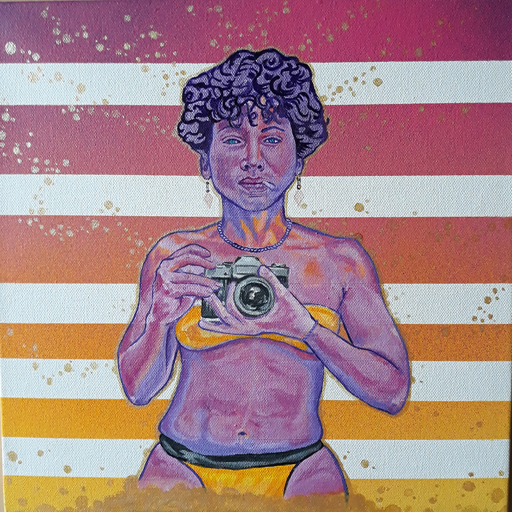 a woman in a yellow swimsuit in front a background with white and red stripes that fade to orange and yellow prepares to take a photo with a handheld camera while smoking