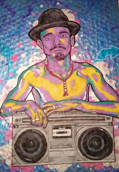 portrait painting of a topless individual wearing a hat and holding on to a boombox