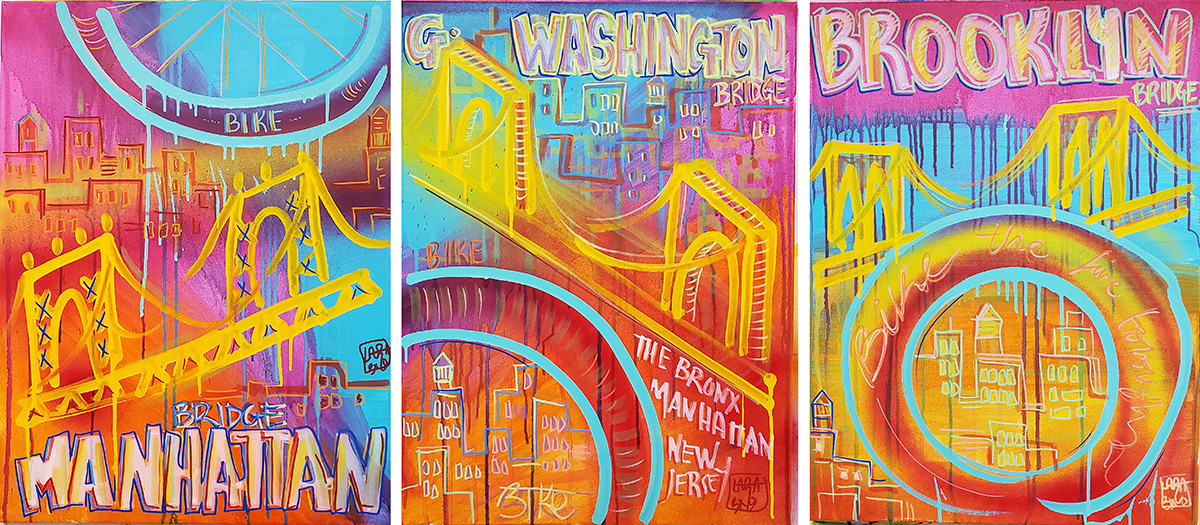 illustrations of bike wheels against the backdrop of the Manhattan Bridge, George Washington Bridge and Brooklyn Bridge