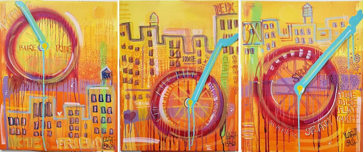 colorful images fo bicycle wheels against the backdrop of the city. Text on the spokes reads Bike Ride