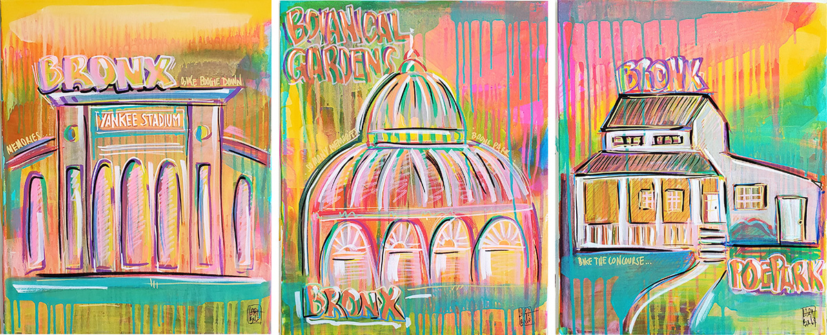 illustrations of landmarks in the city, including Yankee Stadium, Bronx Botanical Gardens, and Poe Cottage