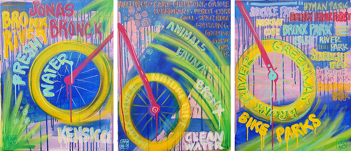 illustration of yellow bicycle wheels against a view of the Bronx River. The following words are included on the illustration: Bronx River, Jonas Bronx, Fresh Water, Kensico, Clean Water, Animals, Fauna, Bike Parks, Bronx Park, and other names of parks, birds, and fish