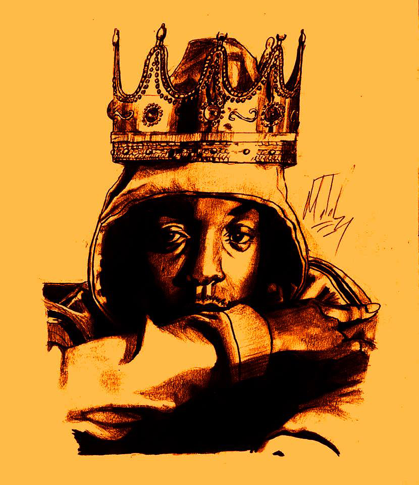 illustration of Kendrick Lamar wearing a hoodie with the hood up and a crown on his head