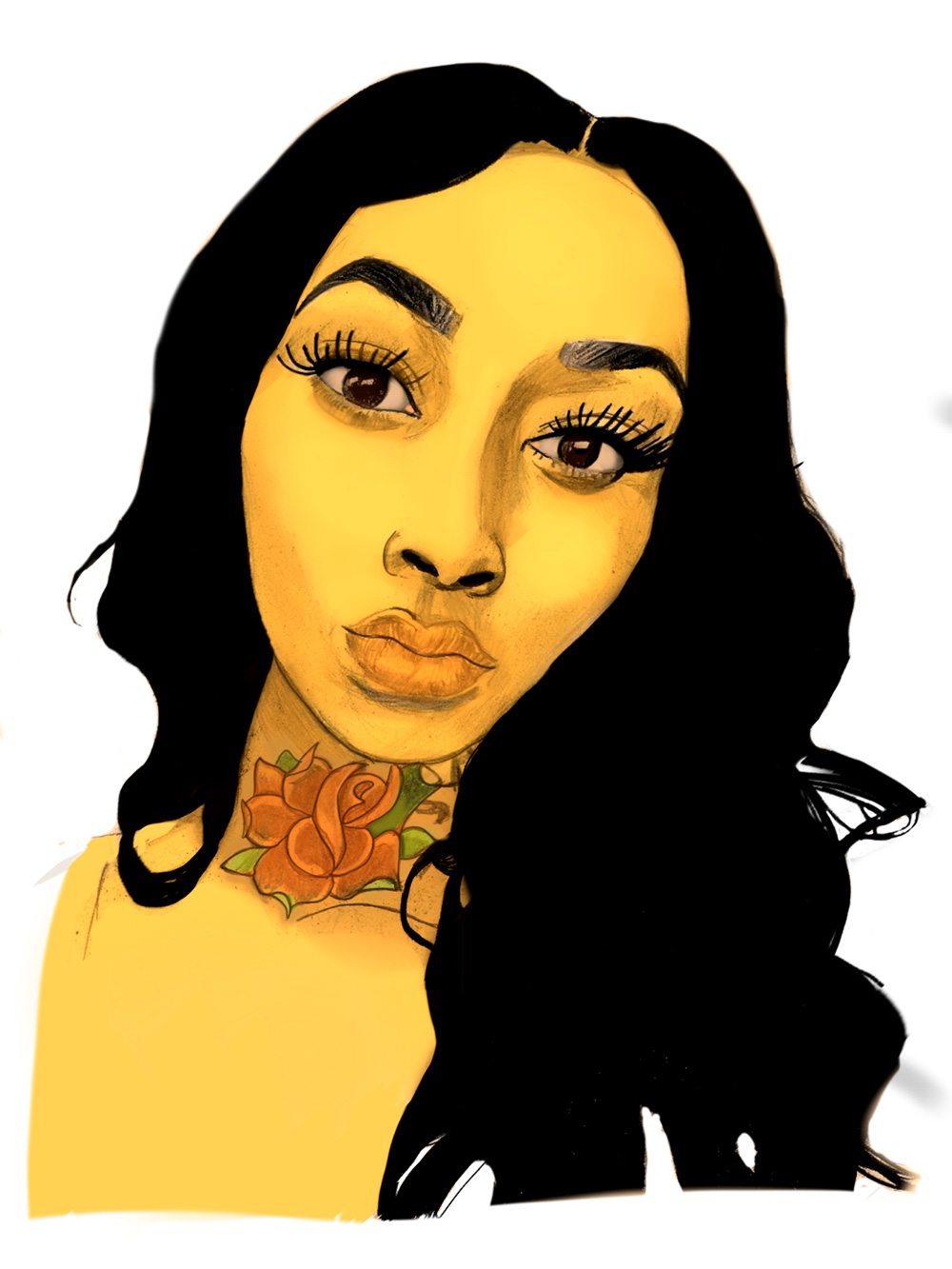 illustration of an individual with a rose tattoo on her neck