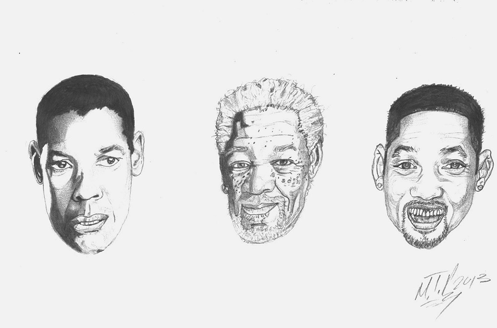 illustrations of Denzel Washington, Morgan Freeman, and Will Smith
