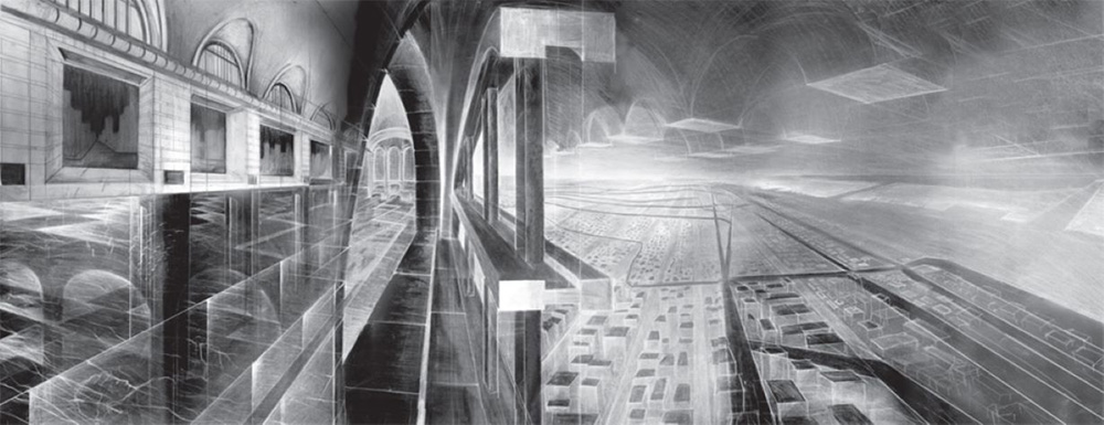 black and white illustration of the architecture at Grand Central