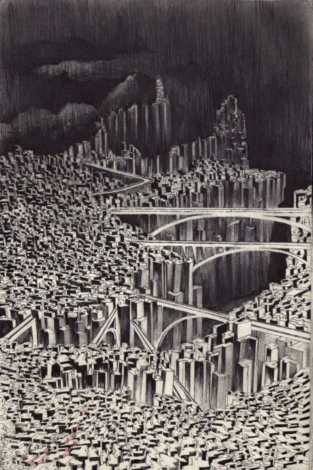 Black and white illustration of city with tall highways, buildings, and bridges