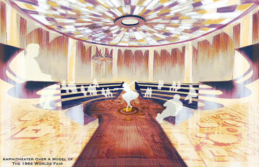 illustration of a dancer at the center of the stage in an amphitheater style location in the Tent of Tomorrow at Flushing Meadows Corona Park. Guests to the show look on as the dancer performs. Text on the image reads: Amphitheater over a model of the 1964 World's Fair.