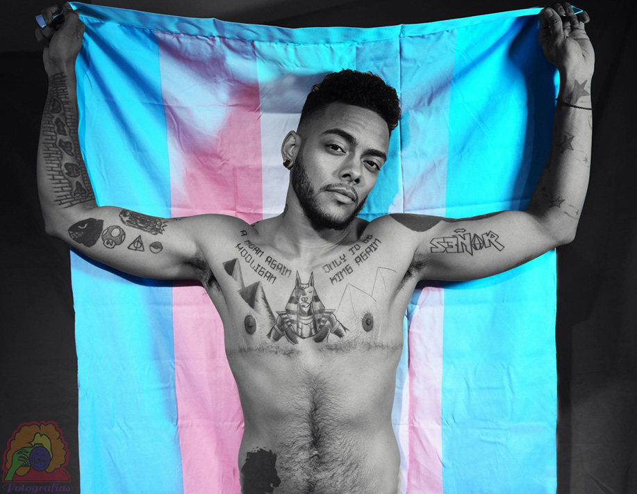 An individual holds up a Trans Pride flag