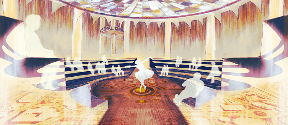 drawing of a dancer entertaining the crowd in the tent of tomorrow