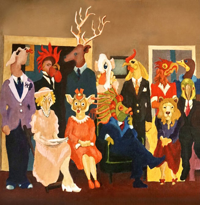 portrait painting of a family with reindeer, rooster, horse, lion, and bird faces