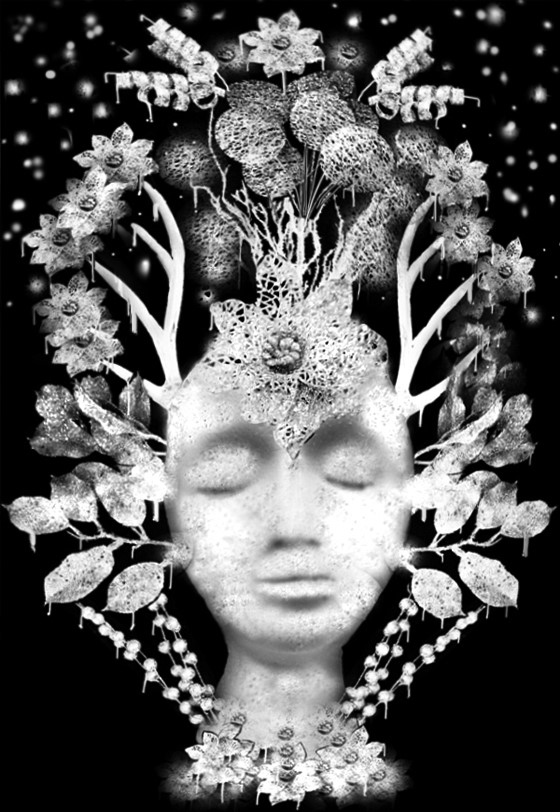 black and white image of a figure with flowers and other plants spiraling out from the head
