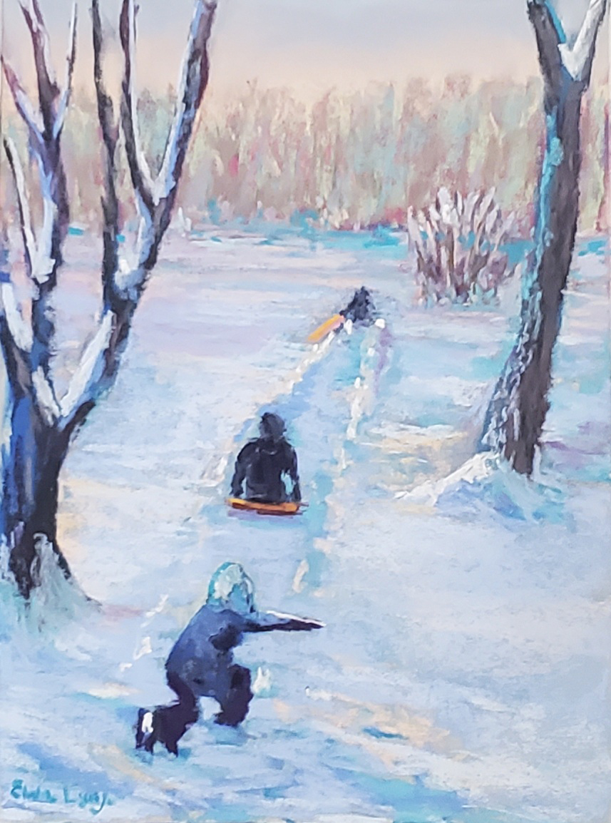 kid play and sled in the snow among the bare trees