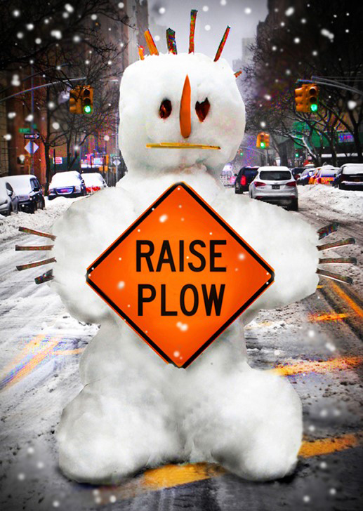 image of a snowman with a sign that reads raise plow