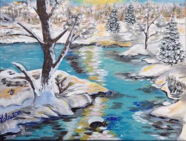 a tree on a snow covered peninsula out on a lake surrounded by a landscape of evergreens covered in snow