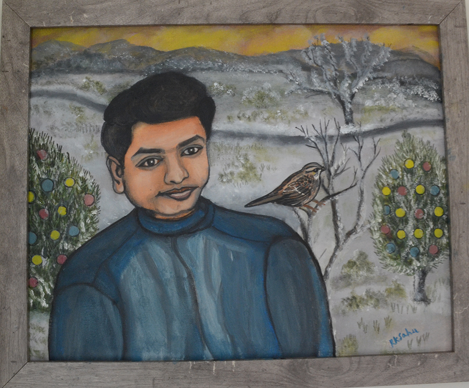 portrait of a man with a bird on twig and evergreens decorated with colorful blue, yellow, and red balls