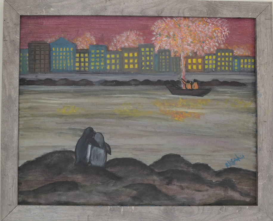 penguins embrace on a rocky shore as they look out to a boat of revelers shooting fireworks into the sky as fireworks go off in the neighborhood of buildings