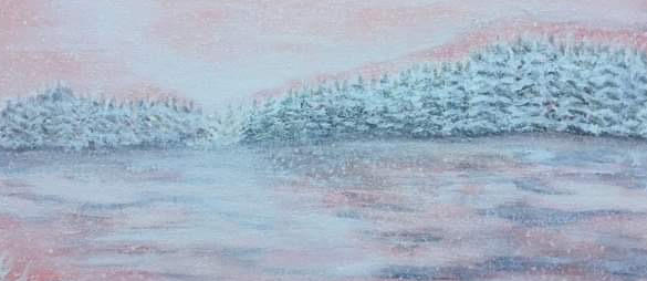 snow covered trees by a lake and under a pink sky