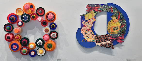 a wreath made of colorful bottle caps and another made of images of cookies, chocolate and drinks enjoyed during the holidays