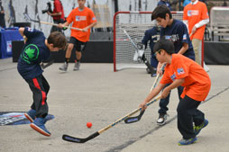 a team tries to score as the other team guards the net